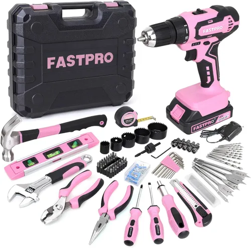 FASTPRO Juego de herramientas para el hogar y taladro de iones de litio inalámbrico de 177 piezas de 20 V rosa con taladro en estuche de