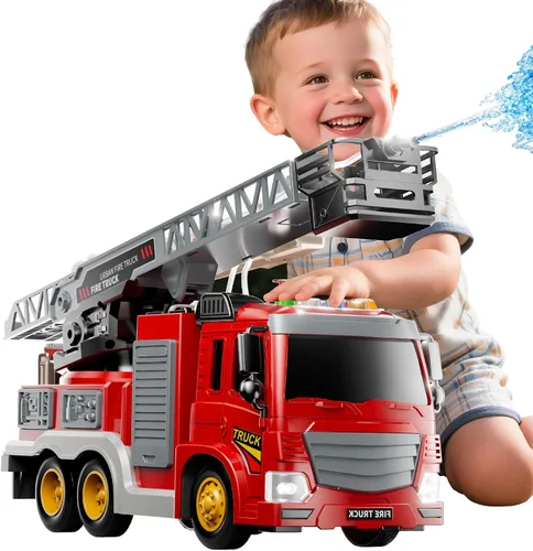JUKUDAHU Camión de bomberos de juguete para niños de 3, 4, 5, 6, 7, 8 años, juego de camiones de bomberos con escalera giratoria, sonido y luz,