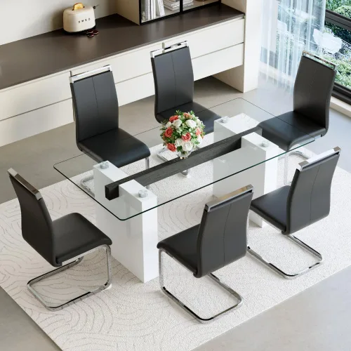 Miniatura 14 de FURNITO Mesa de comedor de vidrio de 71 pulgadas para 6 a 8,0,39 pulgadas de superficie de vidrio grueso con mesa de comedor de pedestal de MDF Mesa