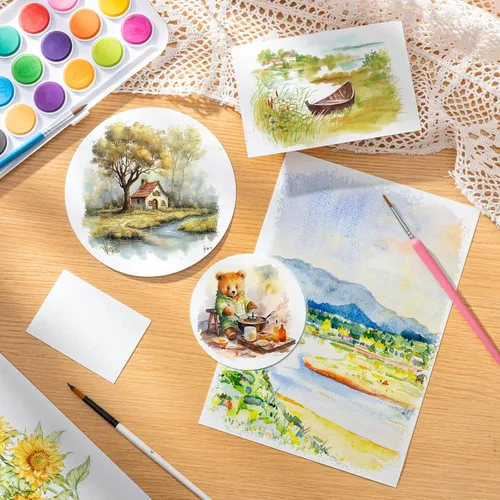 Miniatura 5 de Prudiut 50 hojas de papel de acuarela a granel, 8 tamaños, blanco, 140 libras/300 GSM, papel de color de agua de prensa en frío para principiantes