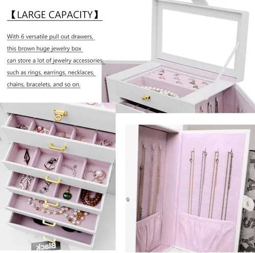Miniatura 4 de AKOZLIN - Organizador de joyería extra grande de 6 niveles con espejo, estuche de joyería de cuero con 5 cajones para mujeres y niñas, para anillos