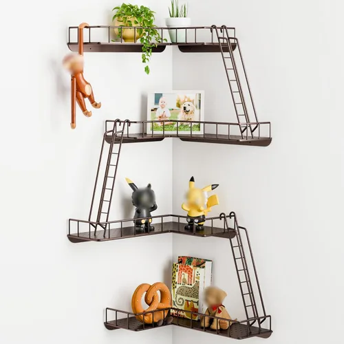 Miniatura 14 de Estante de pared Fire Escape – Estantes de pared esquineros de 4 niveles de estilo urbano moderno, estante de escalera de metal fácil de instalar