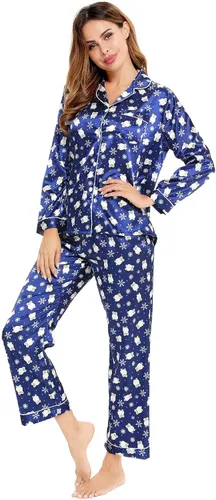 Miniatura 4 de SWOMOG - Conjunto de pijama de dos piezas, de satén de seda con botones, para mujer
