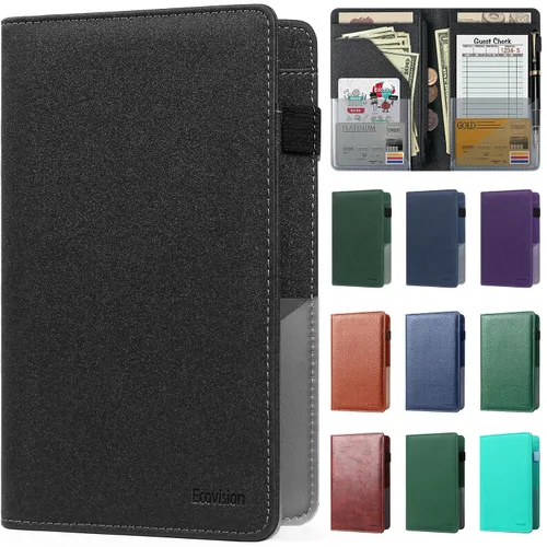 Miniatura 17 de Libreta de mesera para camarera, organizador de cuero con bolsillo con cremallera, folleto para personal de restaurante, soporte para cheques de Café