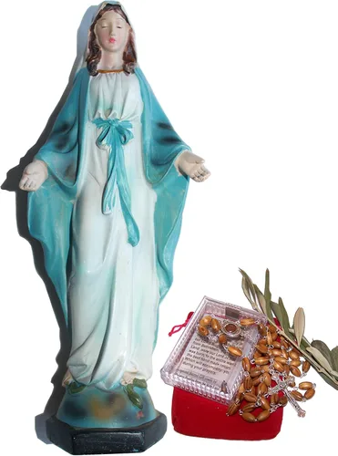 Holy Land Market Figura de la Virgen María – Estatua de resina de la Virgen María con rosario y certificado de madera de olivo, pintada a mano, 10