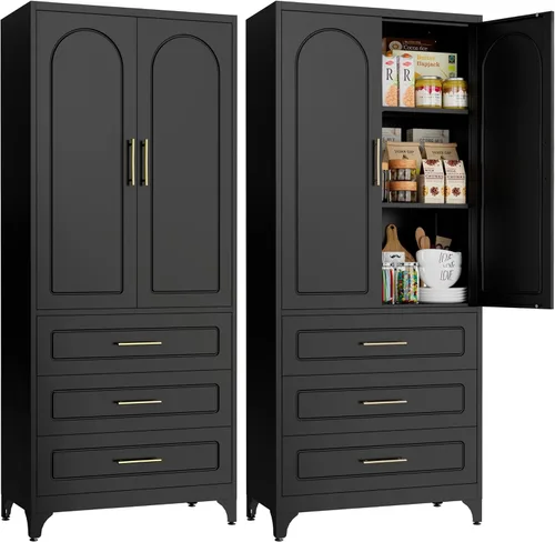 Miniatura 18 de SteeLoong - Gabinete de almacenamiento de metal con cajones, gabinetes de despensa negros de 75 pulgadas para almacenamiento de cocina con 3