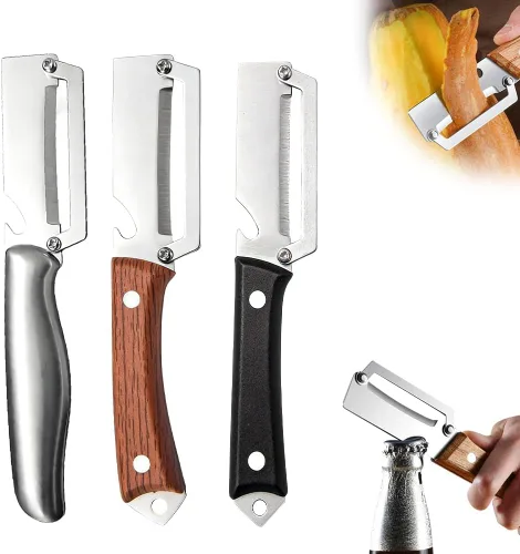 Miniatura 10 de Pelador de verduras multifuncional para cocina, pelador de verduras 2026 con mango de madera y abridor de botellas, herramienta de cocina de acero