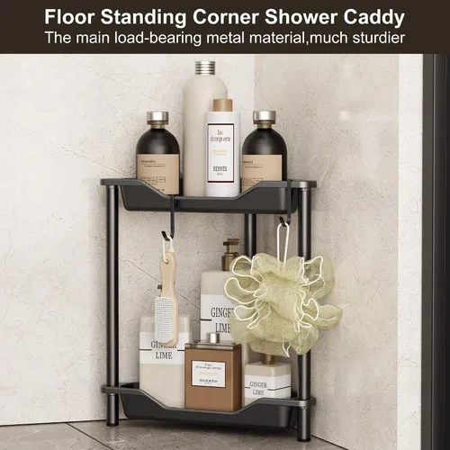Miniatura 3 de Orimade Organizador de ducha esquinero de 2 niveles resistente a la oxidación, estante de esquina de piso de metal y plástico para baño, negro