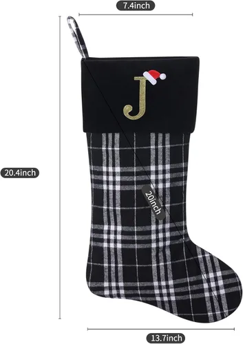 Miniatura 2 de Calcetines de Navidad personalizados con monograma inicial, adornos colgantes, medias clásicas de cuadros negros de 19 pulgadas, decoraciones