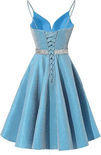 Miniatura 3 de Yexinbridal Vestido corto de satén con tirantes delgados, cuello en V, con cuentas, para fiesta de noche