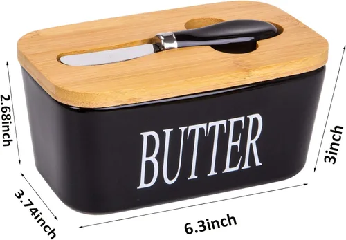 Miniatura 7 de Mantequillera con tapa y cuchillo, recipiente de cerámica para mantequilla con tapa de bambú para encimera, platos de mantequilla más grandes