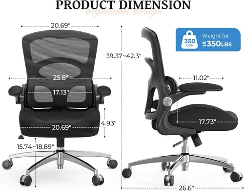 Miniatura 2 de Silla ergonómica de oficina – Silla de escritorio de oficina con soporte lumbar ajustable – Silla cómoda de malla con brazos abatibles – Sillas