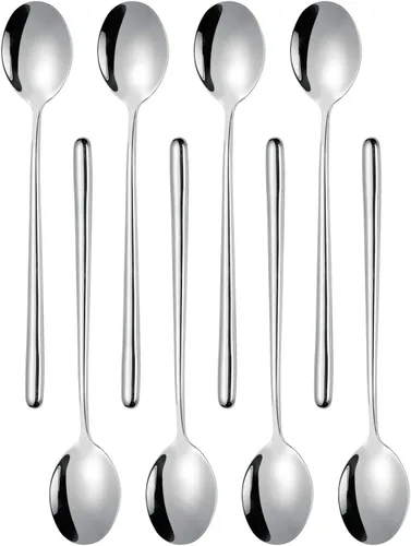 Ouliget Cucharas de sopa coreanas, cucharas de sopa de mango largo de acero inoxidable, plata, 8 piezas, 8.7 pulgadas.