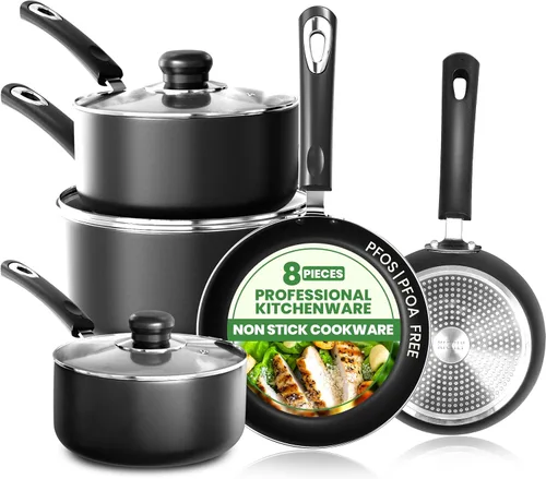 KICHLY Juego de 8 Piezas de Ollas y Sartenes, Juego de Utensilios de Cocina Antiadherentes, Sartenes para Inducción de 20cm, 28cm, Cacerola con