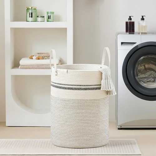 Miniatura 7 de VIPOSCO Cesta alta para ropa sucia, cesta grande para ropa sucia con mango de cuero, cesta de almacenamiento de cuerda tejida para manta, juguete