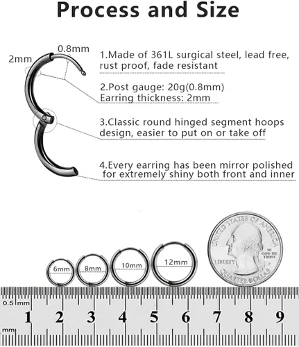 Miniatura 4 de Aretes de aro de acero inoxidable quirúrgico 316L, aretes de aro para hombre, color dorado, plateado y negro, hipoalergénicos, de 0.236 pulgadas