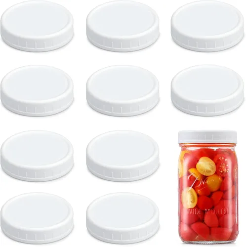 Miniatura 8 de AOZITA [Paquete de 10] Tapas de Boca Ancha para Tarros Mason de Ball, Kerr y Más - Tapas de Almacenamiento de Plástico Blanco para Tarros Mason