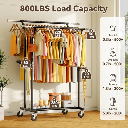 Miniatura 2 de Perchero de ropa resistente: 800LBS Perchero de ropa con ruedas para colgar abrigos, barras dobles, estantes de tela portátiles con ruedas Estante