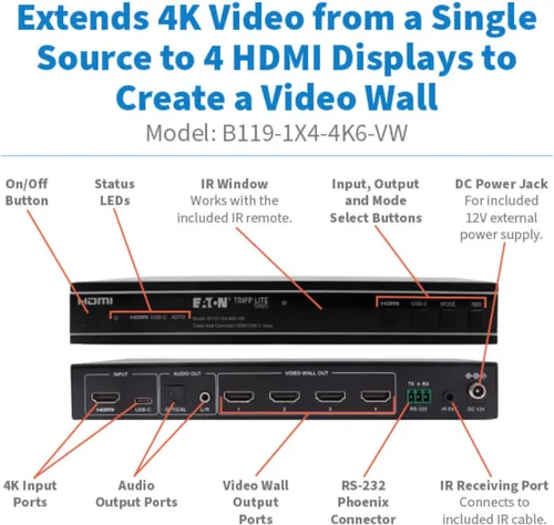 Miniatura 4 de Tripp Lite Controlador de pared de video HDMI 4K, procesador de pantalla de pared de TV, 1 entrada HDMI o USB-C, 4 salidas, 1x2, 1x3, 1x4, 2x2