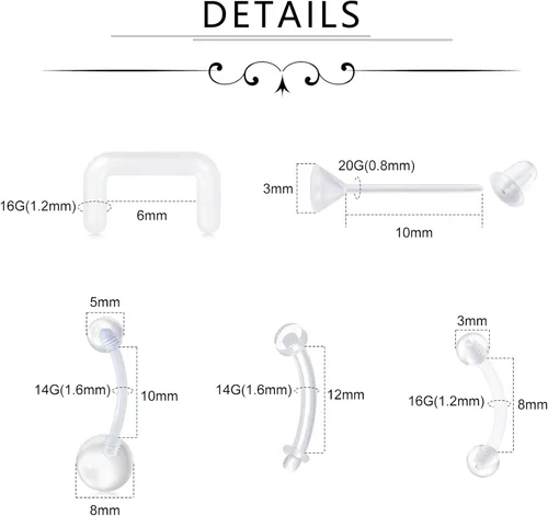 Miniatura 4 de Piercing para la nariz con pin de hueso Bioflex transparente de 0.71 oz, 0.71 oz, 0.71 oz, para mujeres y hombres