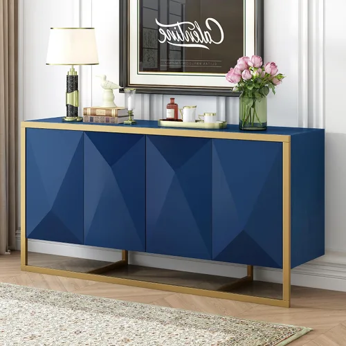 Miniatura 30 de Virubi Armario de buffet acanalado de 63 pulgadas con almacenamiento, puertas y estantes ajustables, mesa consola curva de madera con Azul marino