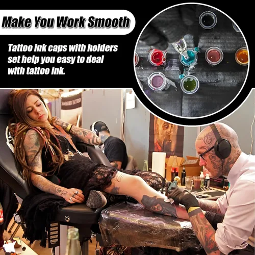 Miniatura 6 de Kit de tapas y soportes de tinta de tatuaje, 300 vasos de tinta desechables (S/M/L) + 2 soportes negros, diseño apilable para tatuadores