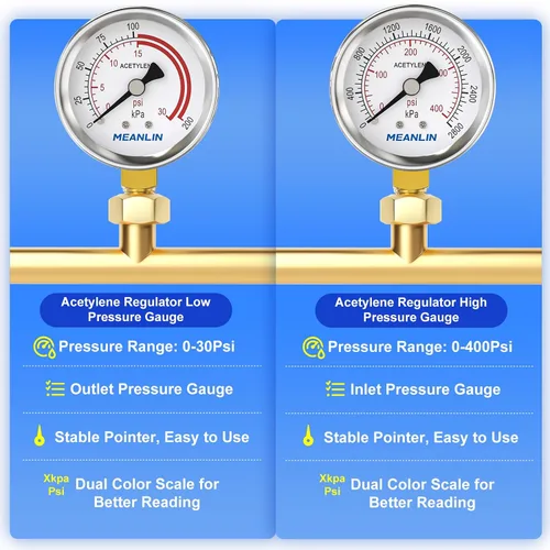 Miniatura 5 de MEANLIN MEASURE Manómetros de baja y alta presión para regulador de acetileno 1/4" NPT 2.5" Dial de cara, 30 Psi y 400 Psi Calibres de repuesto