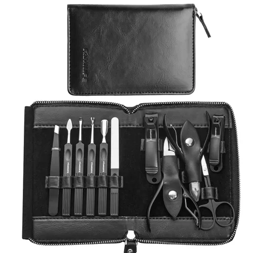 Miniatura 10 de FAMILIFE - Kit de manicura profesional para uñas, 11 en 1, de acero inoxidable, con estuche de viaje portátil de cuero negro, regalos de lujo para él
