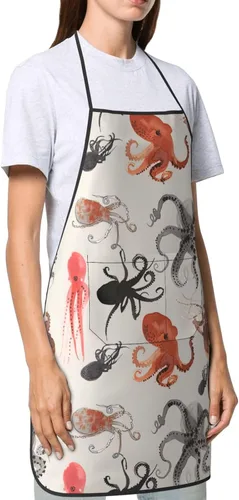 Miniatura 4 de BREAUX Color Octopus Print Apron, Apron With Pockets, Adjustable Bib Apron, Chef'S Apron, Bbq Apron, White