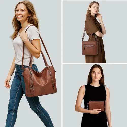 Miniatura 2 de TANTOMI Bolsos de mano para mujer, bolso cruzado grande de cuero, bolso de hombro con cartera correas ajustables Marrón