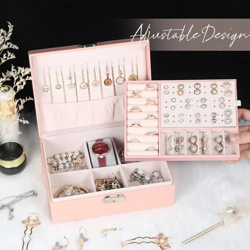 Miniatura 5 de Joyero para mujeres y niñas, contenedor organizador de joyas de 2 capas con cerradura, estuche de almacenamiento de piel sintética con bandeja