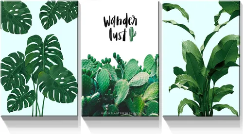 Denozer - 3 piezas de arte de pared en lienzo con hojas verdes para sala de estar, decoración moderna del hogar, estirada y enmarcada lista para