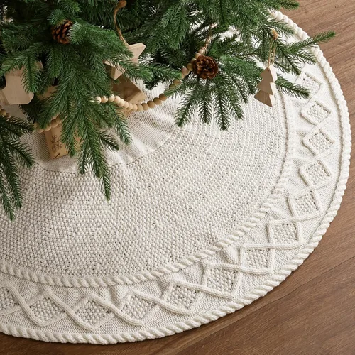 Miniatura 8 de Falda de árbol de Navidad de 48 pulgadas: Falda de árbol de punto de cable trenzado en diamante para árbol de 7.5 pies, falda de árbol blanco crema