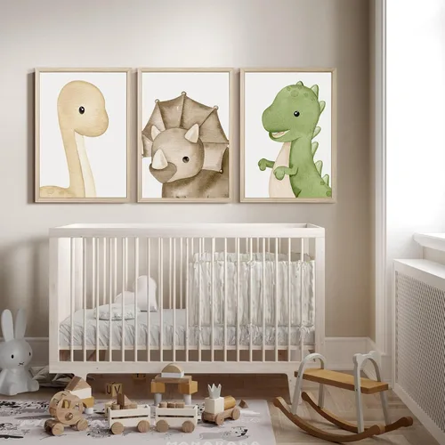 Miniatura 5 de Arte de pared de dinosaurio para habitación de niños, lienzo para decoración de pared de dinosaurio para niños, arte de pared de guardería