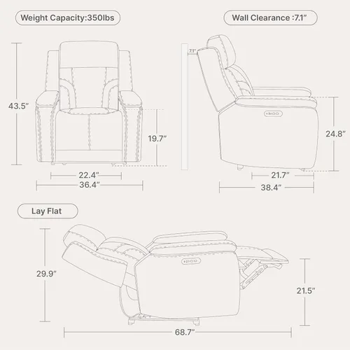 Miniatura 3 de Watson & Whitely Sillón Reclinable Extragrande que se Recuesta Completamente para Personas Grandes y Altas, Sillas Reclinables Eléctricas de Cuero