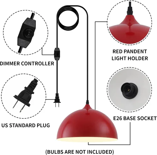 Miniatura 2 de Luz Colgante Roja con Enchufe Paquete de 2, 11.8 pulgadas, 14.7 pies, Luz Colgante Estilo Granja, Luces Colgantes de Cocina, Luces Colgantes