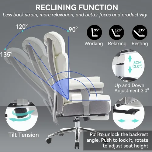 Miniatura 3 de Efomao Silla de oficina grande y alta con reposapiés, silla ejecutiva de respaldo alto de 450 libras con cojín de resorte, tapicería de piel Blanco