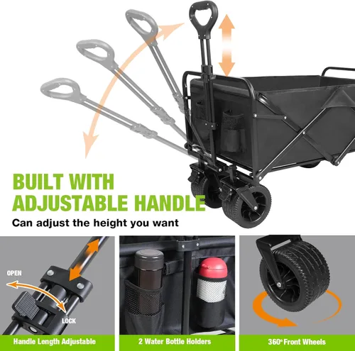 Miniatura 5 de Carro de playa plegable con ruedas grandes todo terreno para arena, carros plegables resistentes con mango ajustable para exteriores, jardín