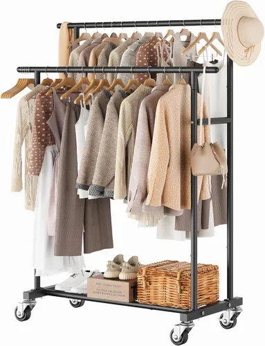 Calmootey Perchero de ropa de doble varilla, organizador portátil para colgar ropa, organizador de ropa rodante para dormitorio, sala de estar, Negro