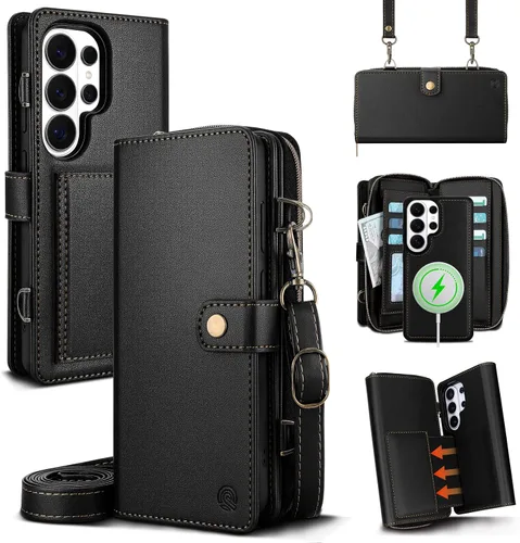 Funda tipo cartera de piel sintética MagSafe para Samsung Galaxy S25 Ultra, color negro | 3-in-1,Detachabl,RFID Blocking,Zipper Purse,11 Card