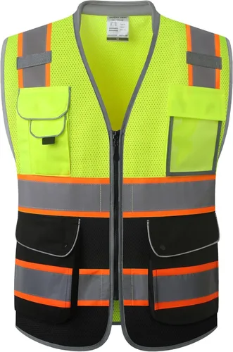 Miniatura 7 de JKSafety Chaleco de seguridad frontal con cremallera de alta visibilidad de 9 bolsillos de color dual MESH Lite Tira reflectante con ribete