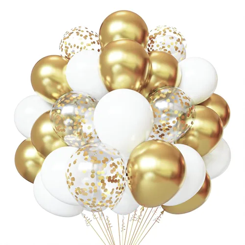 Globos de látex con confeti blanco y dorado, paquete de 50 globos de fiesta dorados y blancos de 12 pulgadas con cintas para cumpleaños, graduación,