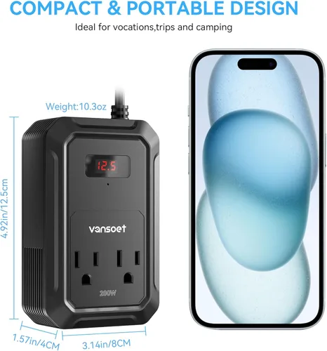 Miniatura 7 de Inversor de energía para automóvil de 200W CC 12V a 110V CA con PD 65W/30W USB C y 2 puertos USB QC 18W y 2 salidas CA, adaptador de enchufe