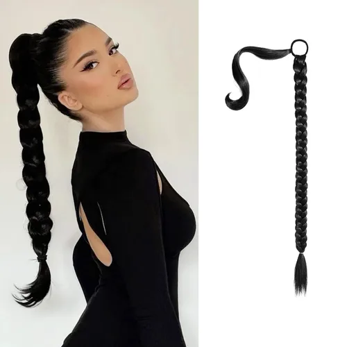 SEIKEA - Extensión de cola de caballo trenzada larga mejorada con banda elástica lisa y mechón trenzado envolvente, color negro, 20 pulgadas (16