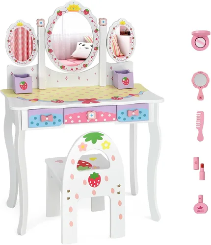 Miniatura 10 de Olakids Juego de tocador y silla de madera de fresa rosa 2 en 1 para niños pequeños con espejo de tres pliegues, taburete, cajones
