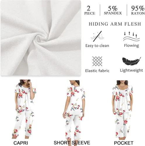 Miniatura 4 de POPYOUNG Conjunto de pijama de verano para mujer, 2 piezas, ropa de descanso, capri con bolsillos, ropa de dormir