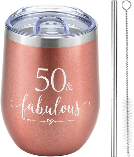 Miniatura 7 de Crisky Vaso de vino de oro rosa 50 y fabuloso para mujer, regalo de cumpleaños 50 para mujeres, esposa, mamá, hermana, tía, amigas, compañera