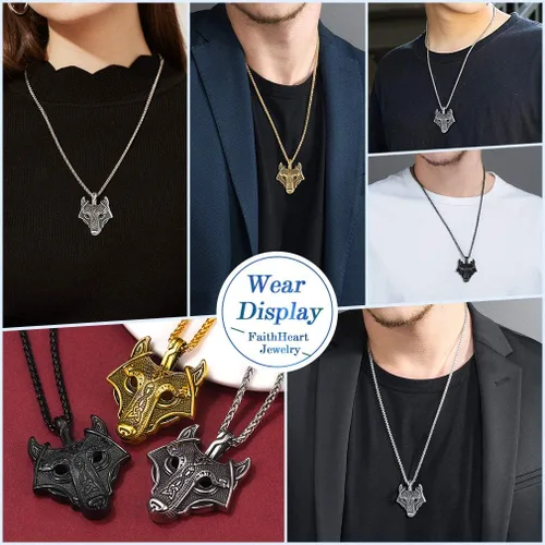 Miniatura 6 de FaithHeart Collar con colgante de lobo vikingo nórdico para hombres y mujeres, acero inoxidable, chapado en oro de 18 quilates, joyería con embalaje