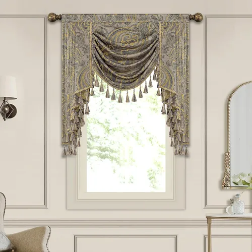 Miniatura 8 de Loom and Mill Cenefa de cascada de lujo de jacquard para sala de estar, elegantes cenefas de ventana con festones y cuentas damascadas, cortinas