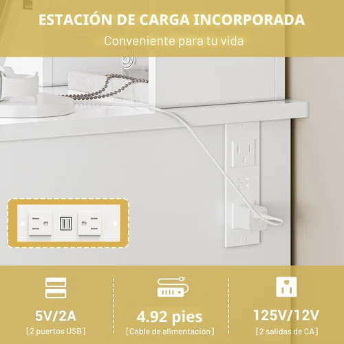 Miniatura 5 de Xixini - Escritorio de tocador con espejo y luces, juego de mesa de maquillaje de 109 cm de ancho en color blanco con 5 cajones y silla, toma